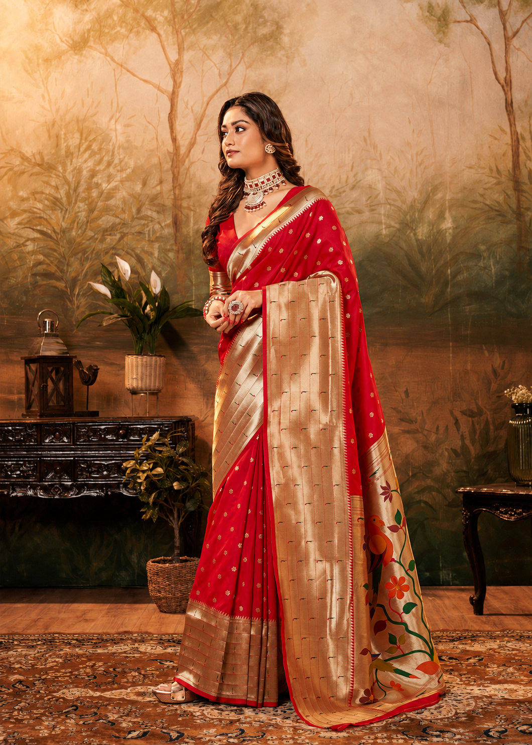 Lavanya Powerloom Paithani Silk Ready To Wear Pocket Saree | Red
