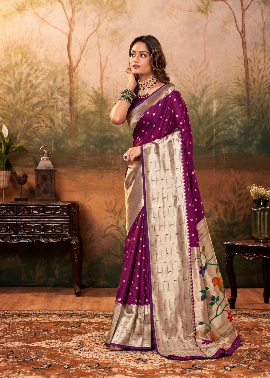 Full-length standing profile view of the pre-stitched front pleats, defined triangular edging along the border, and trailing Paithani pallu of the pre-draped pocket saree.