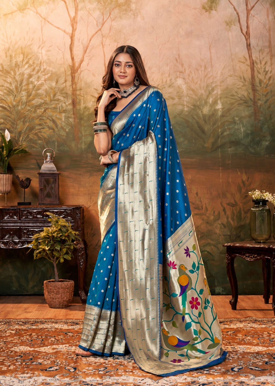 Lavanya Powerloom Paithani Silk Ready To Wear Pocket Saree | Royal Blue