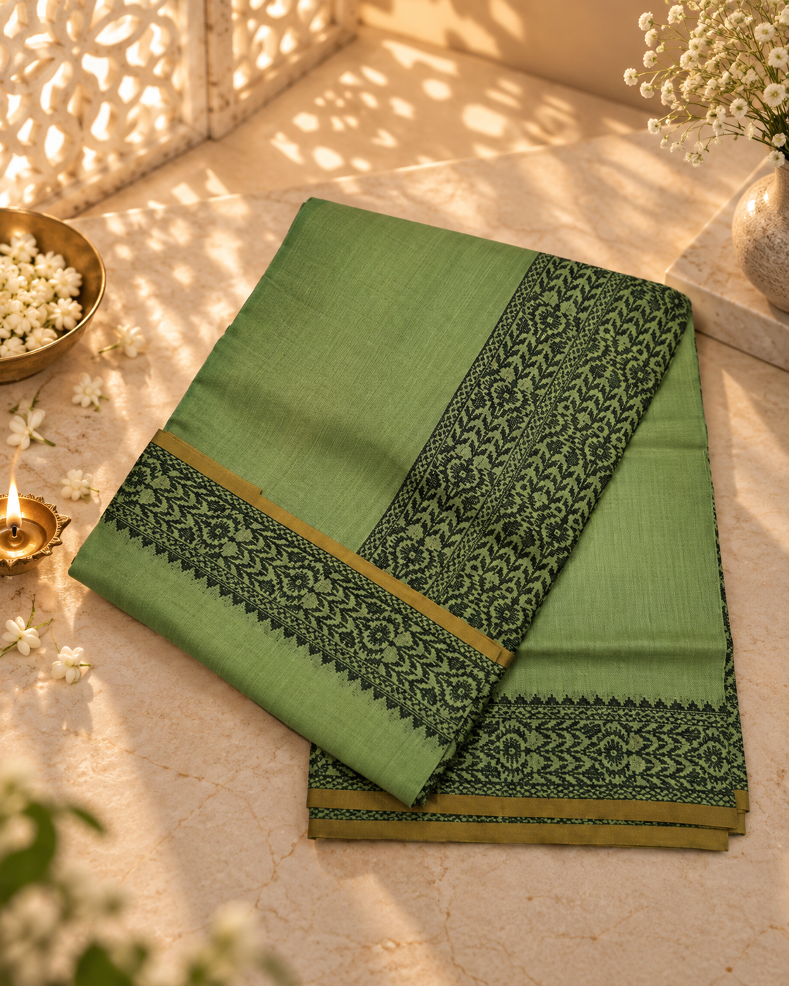 Top-down flat lay view of the neatly folded sage green Meher Tissue Linen pocket saree, displaying its dark black geometric patterned pallu panel and slim muted-gold border piping.
