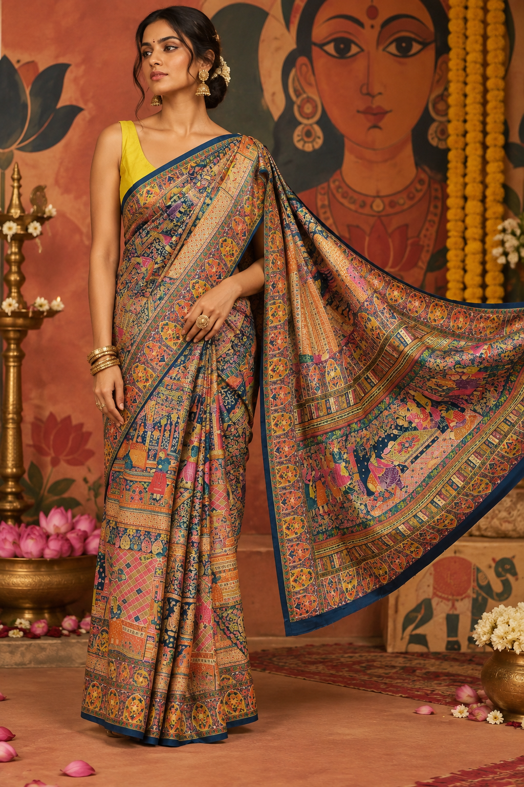 Full-length portrait of a model styled in the deep navy blue ready-to-wear pocket saree, featuring pre-stitched pleats, layered arched borders, and a storytelling-inspired pallu.