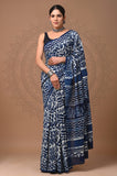 Indigo Natural Mul Cotton Hand Block Printed Saree