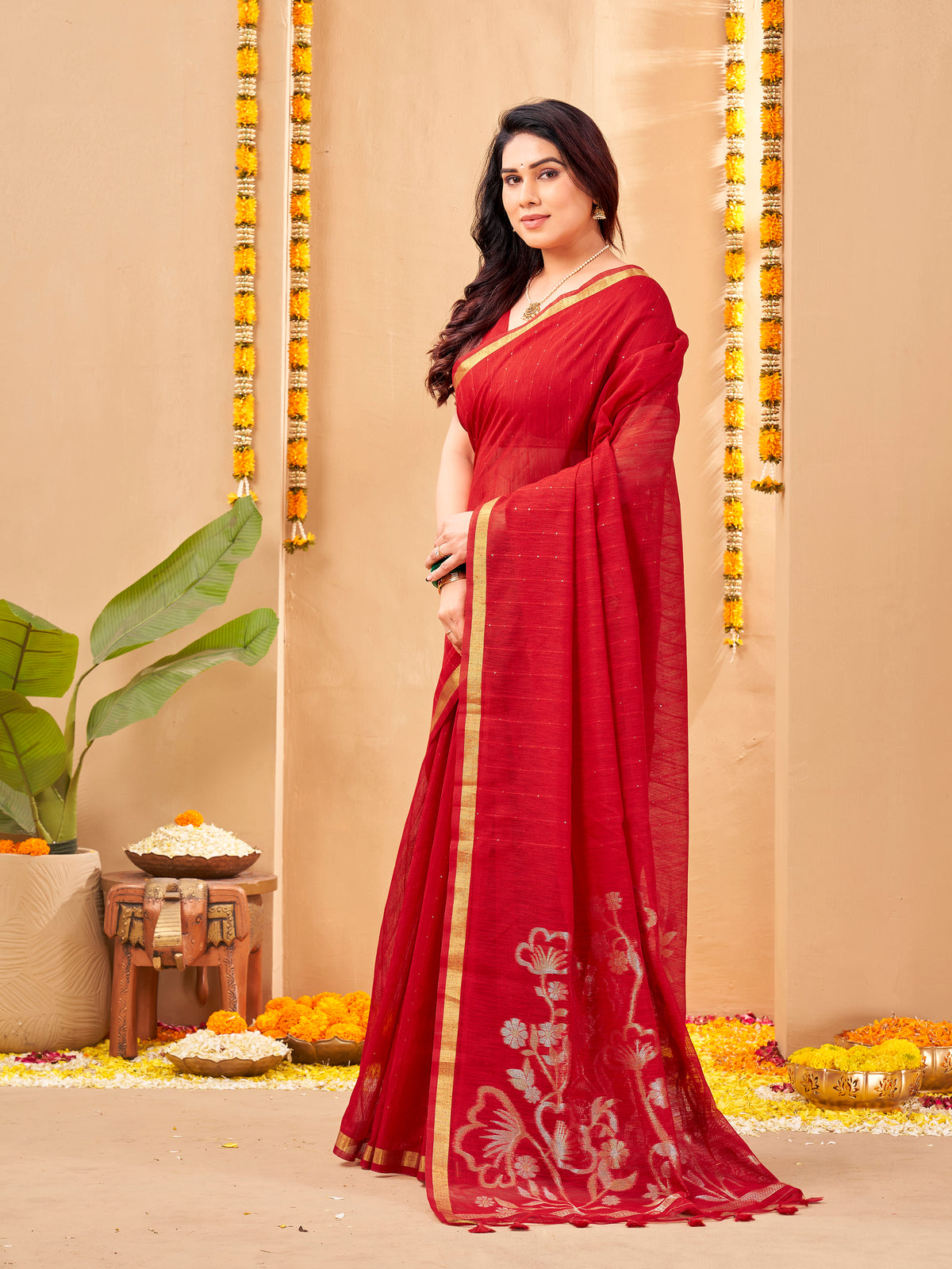 Zayna Linen Silk Ready To Wear Pocket Saree | Red