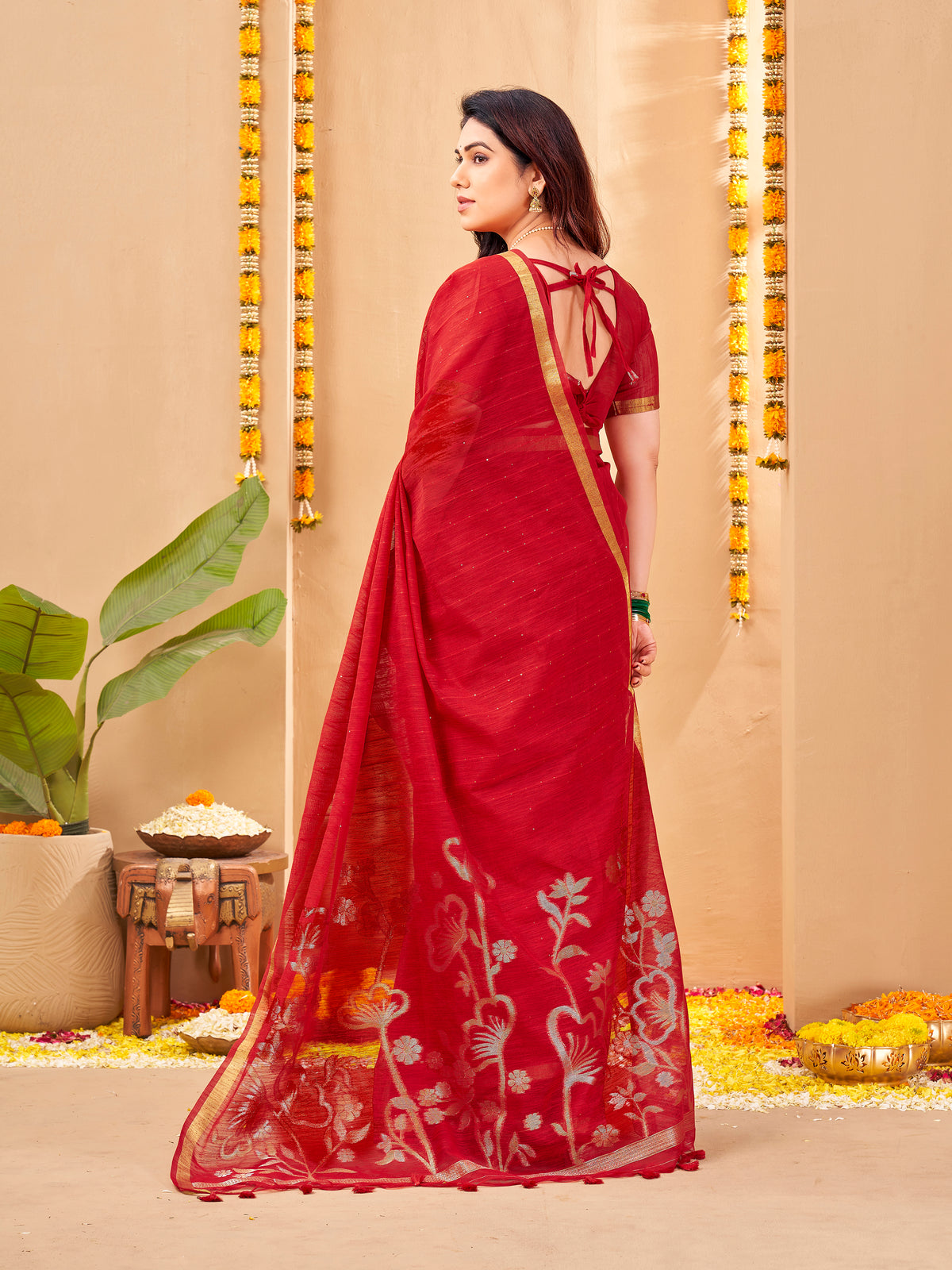 Zayna Linen Silk Ready To Wear Pocket Saree | Red