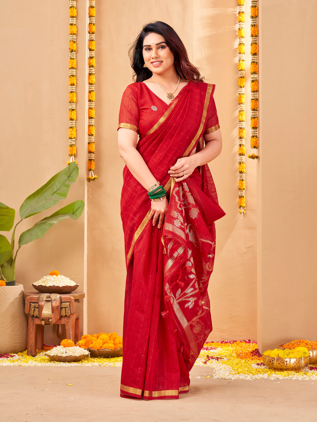 Zayna Linen Silk Ready To Wear Pocket Saree | Red