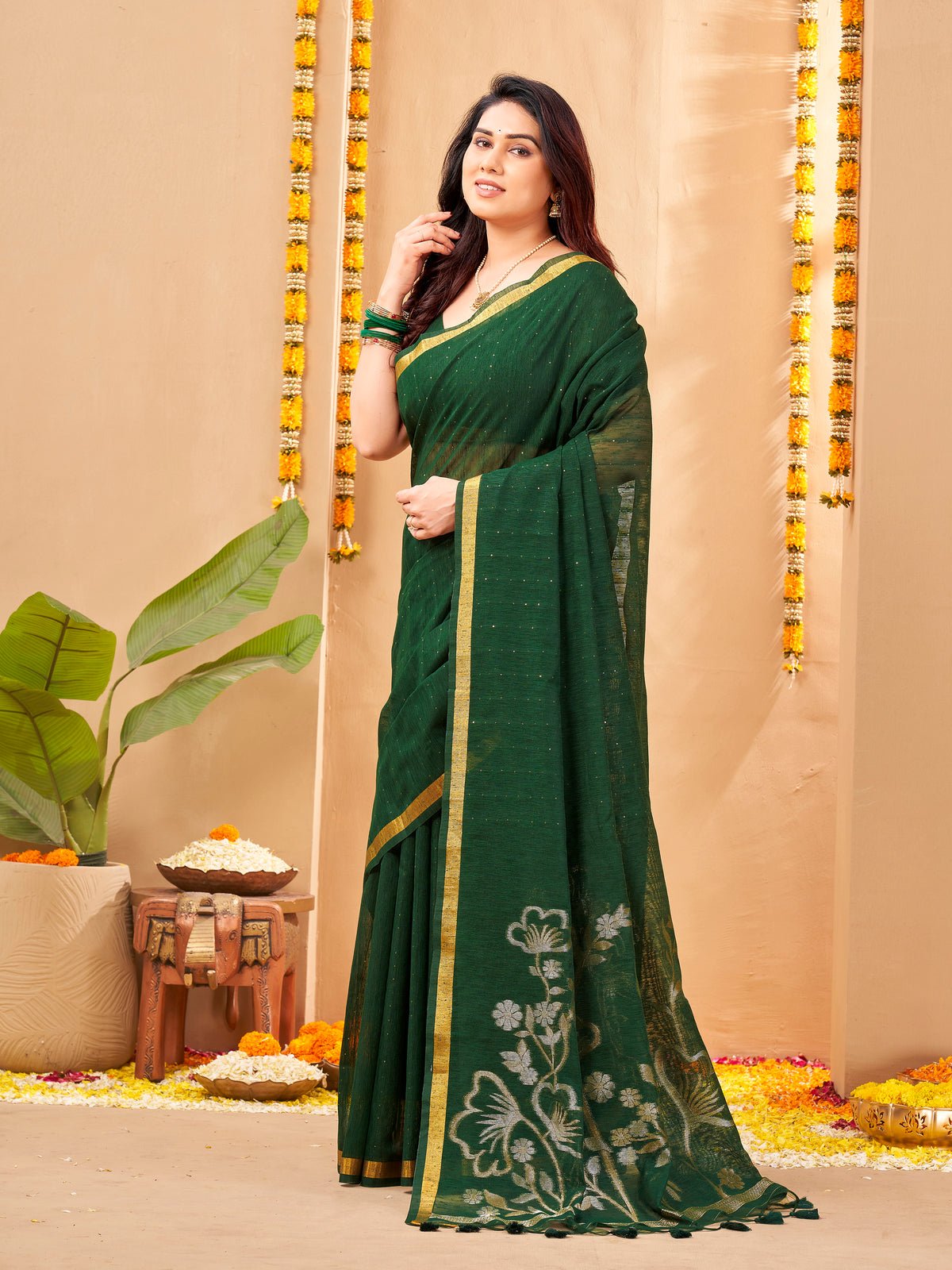 Zayna Linen Silk Ready To Wear Pocket Saree | Green