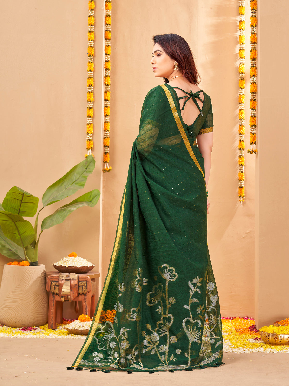 Zayna Linen Silk Ready To Wear Pocket Saree | Green