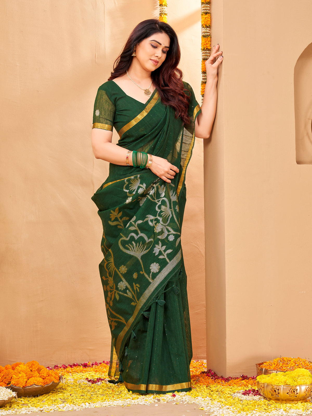 Zayna Linen Silk Ready To Wear Pocket Saree | Green