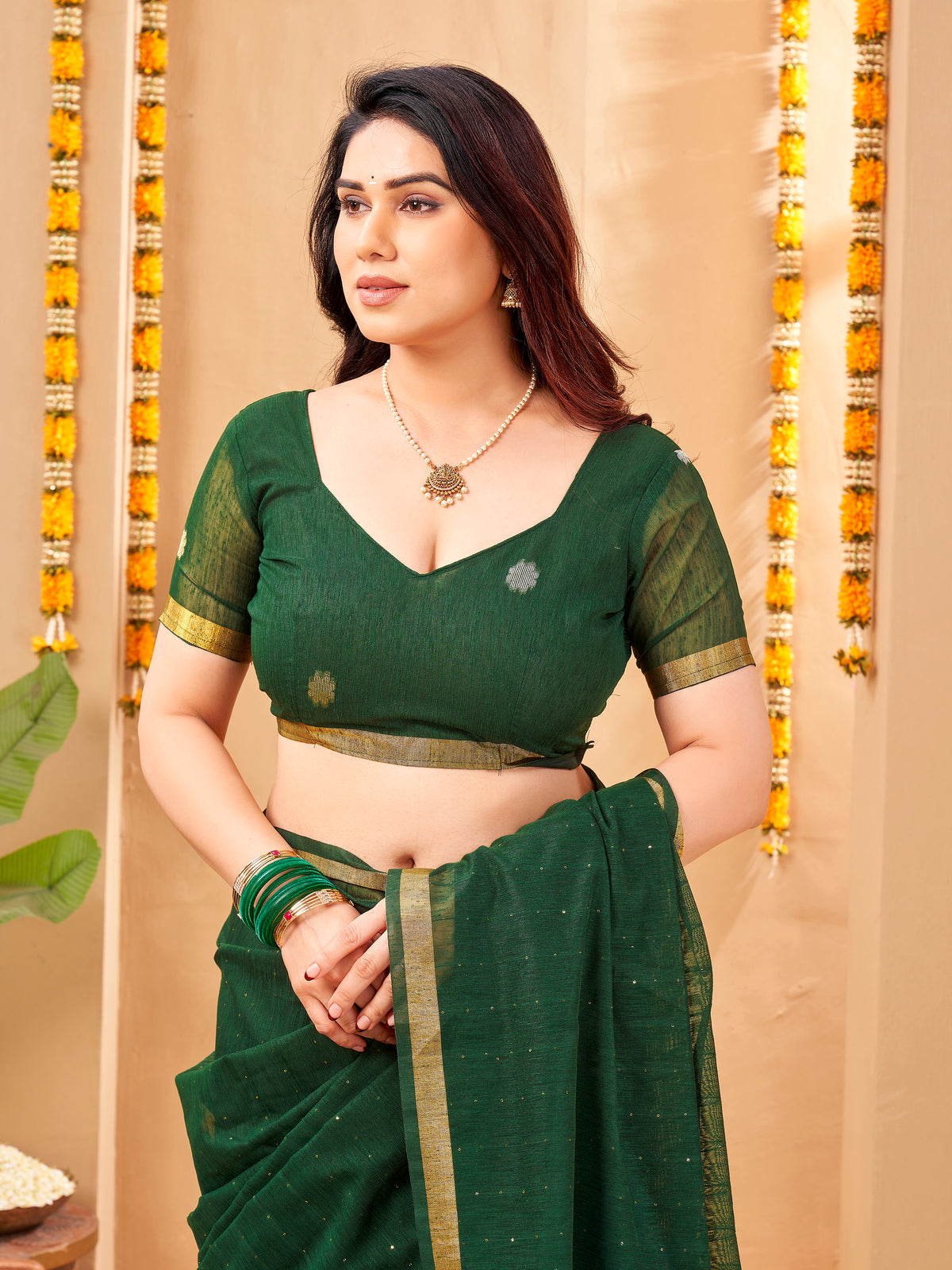 Zayna Linen Silk Ready To Wear Pocket Saree | Green
