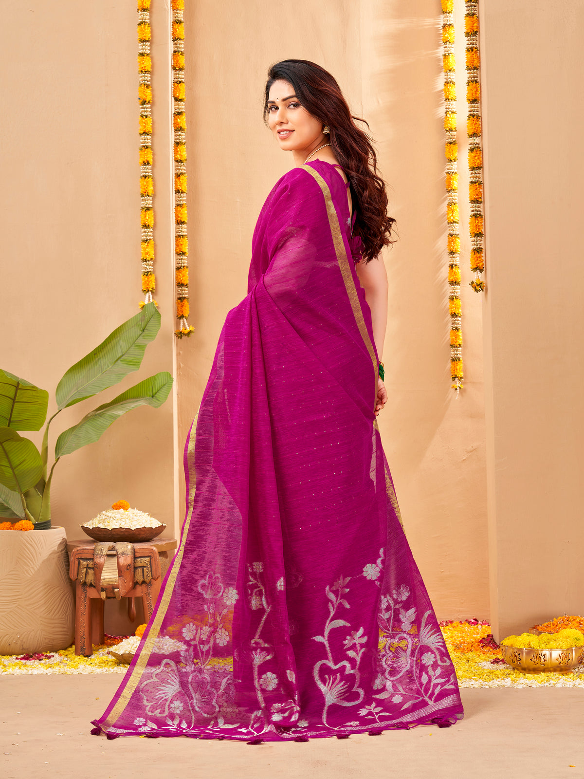 Zayna Linen Silk Ready To Wear Pocket Saree | Magenta Purple