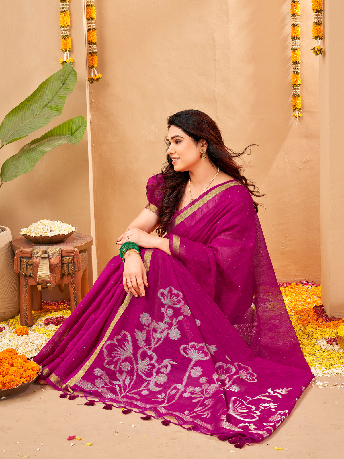 Zayna Linen Silk Ready To Wear Pocket Saree | Magenta Purple