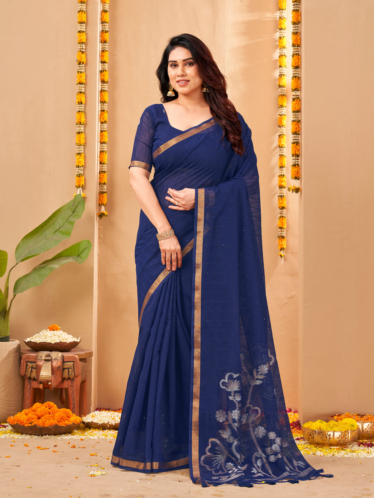 Zayna Linen Silk Ready To Wear Pocket Saree | Navy Blue