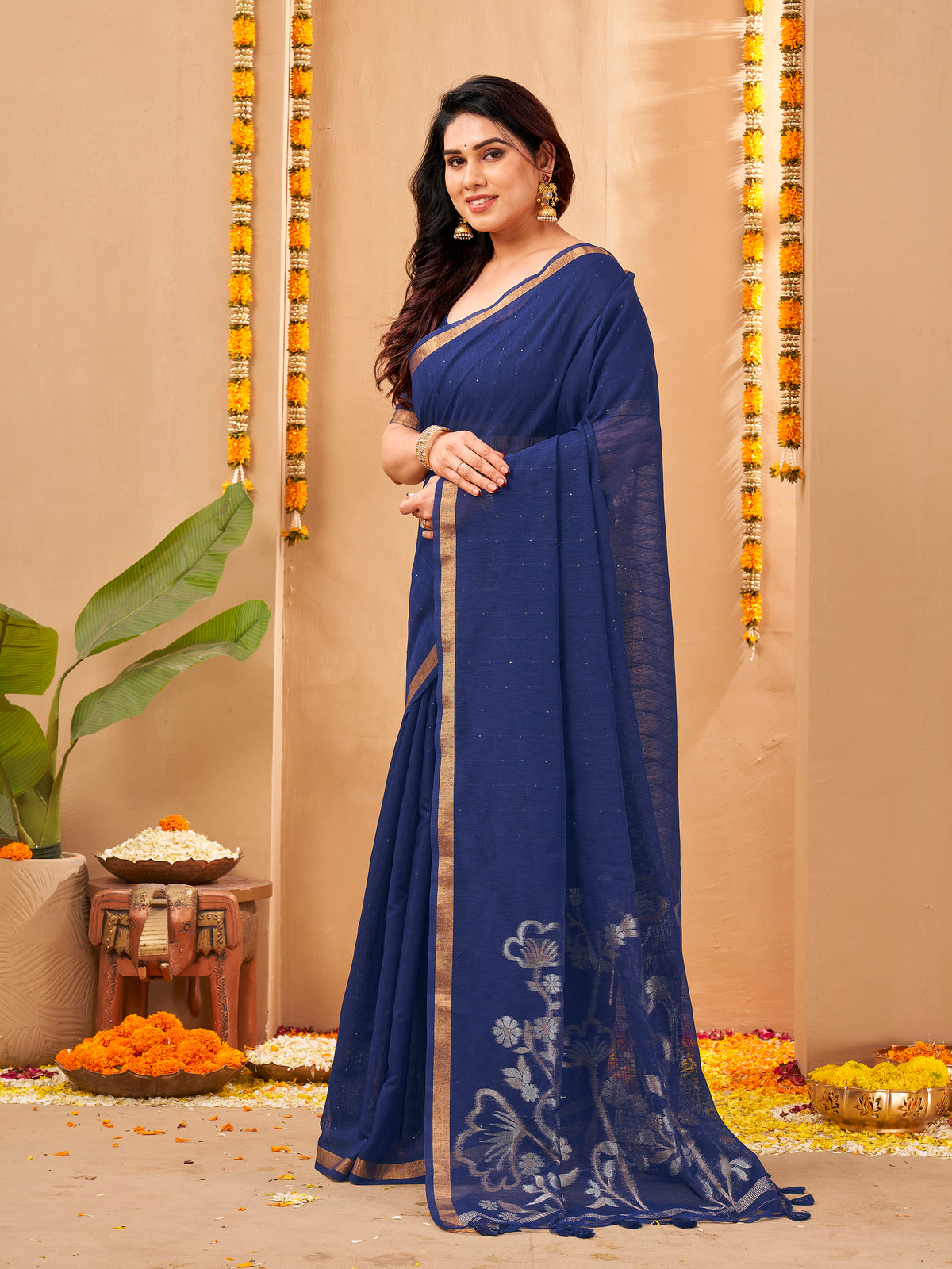 Zayna Linen Silk Ready To Wear Pocket Saree | Navy Blue