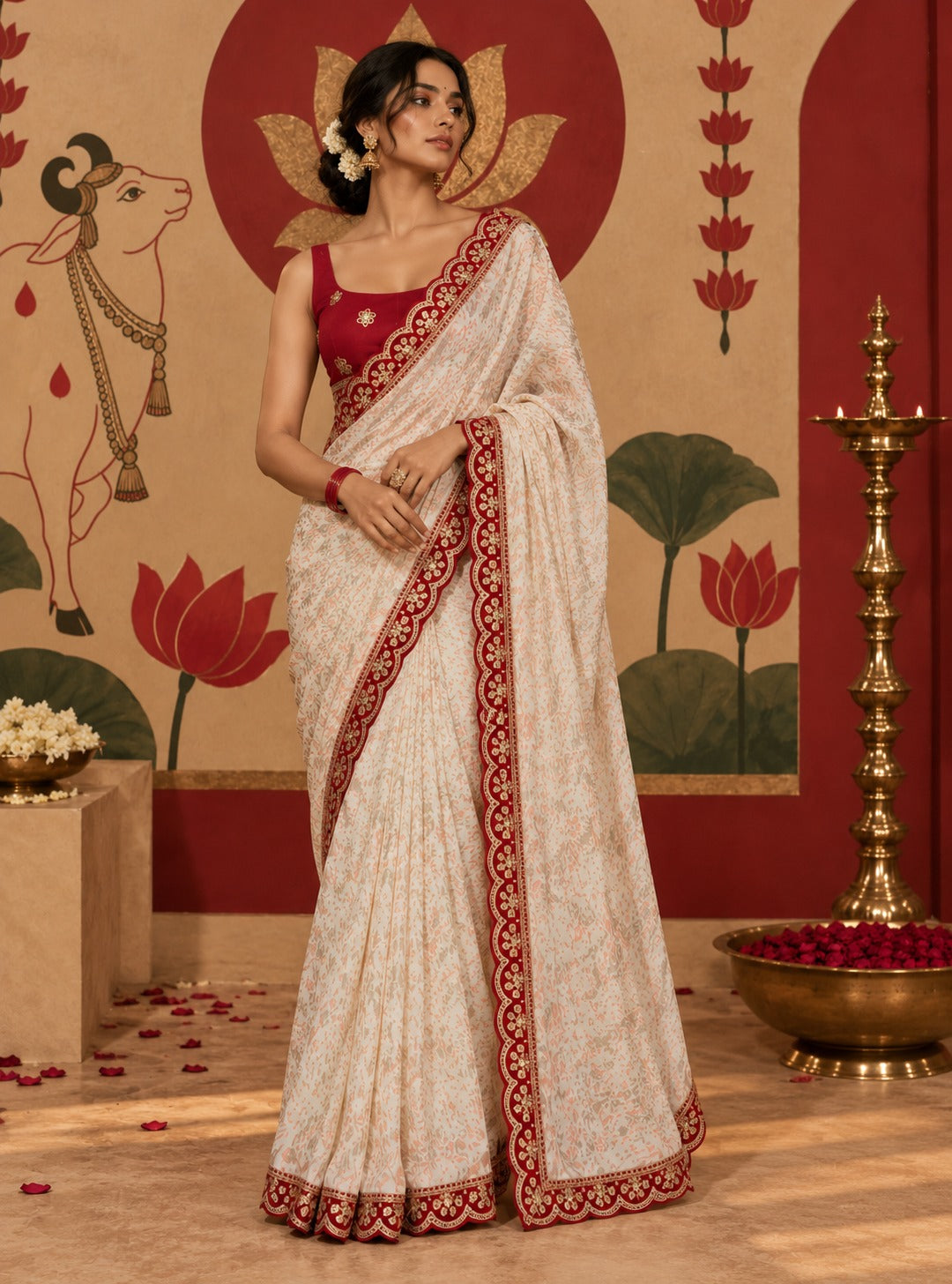 Full-length portrait of a model wearing the soft ivory Dola Silk ready-to-wear pocket saree, featuring pre-stitched pleats and a rich scalloped red embroidered border.