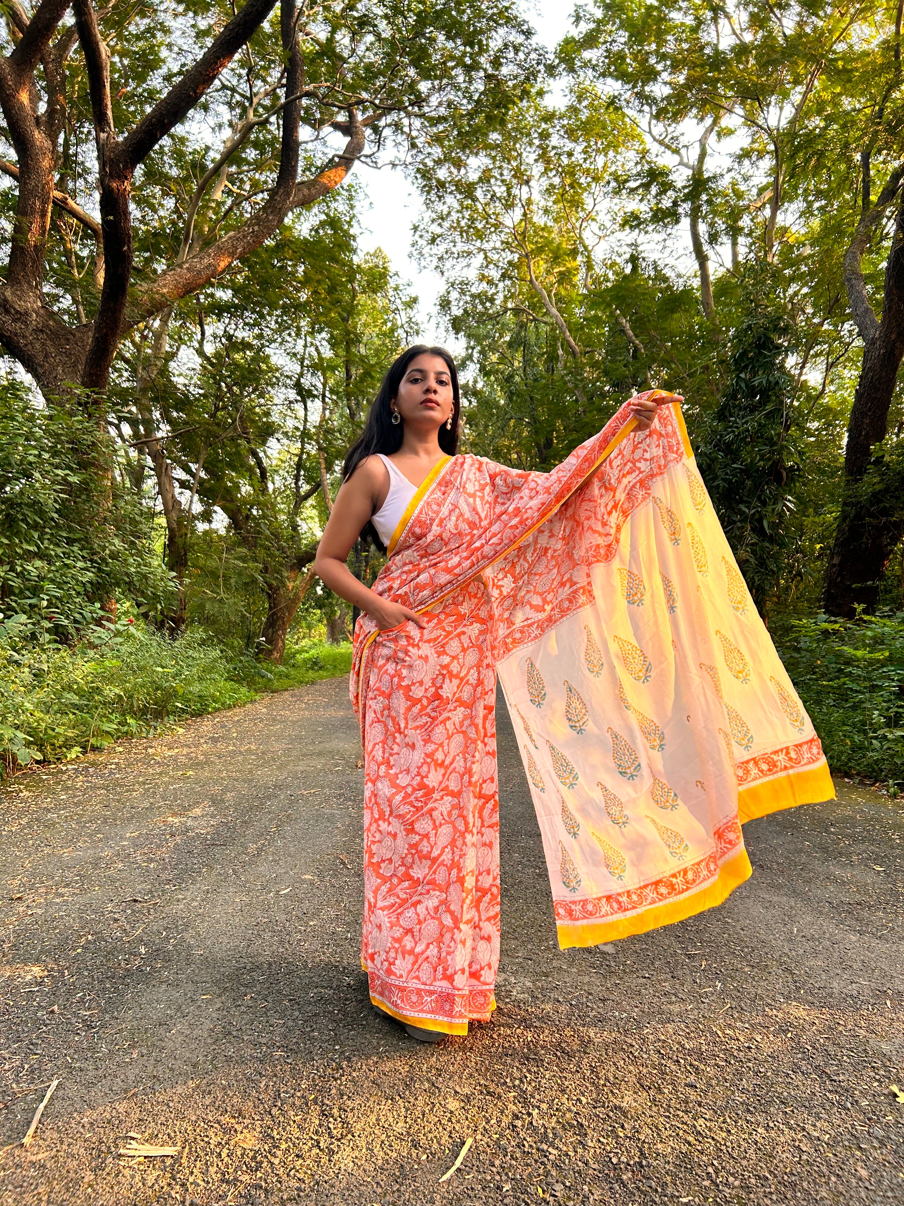 Vibrant in orange Mul Cotton Hand Block Printed Saree