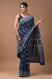 Majestic Indigo Mul Cotton Hand Block Printed Saree
