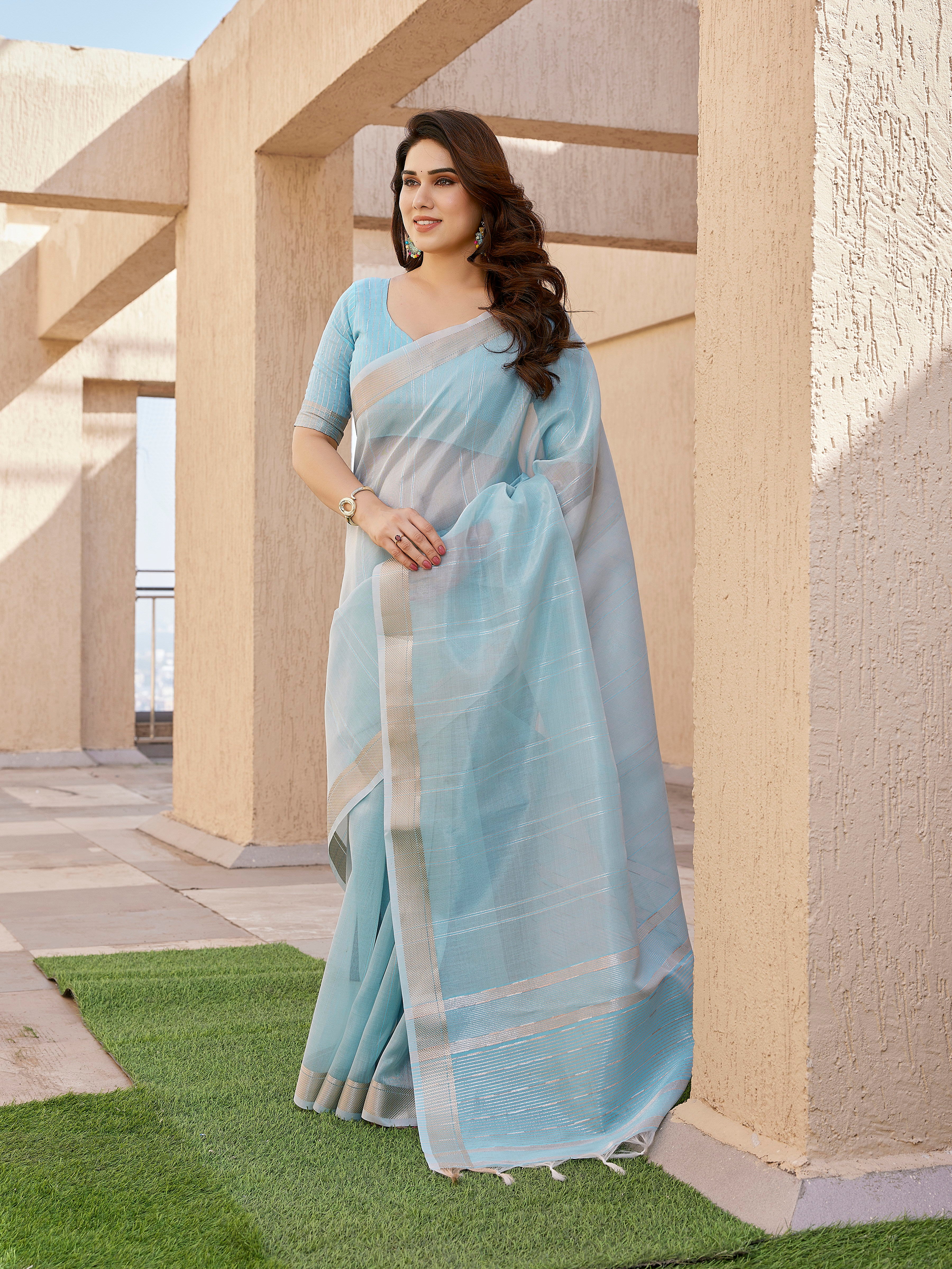Shimmer Mist Linen Tissue Silk (E) Ready To Wear Pocket Saree