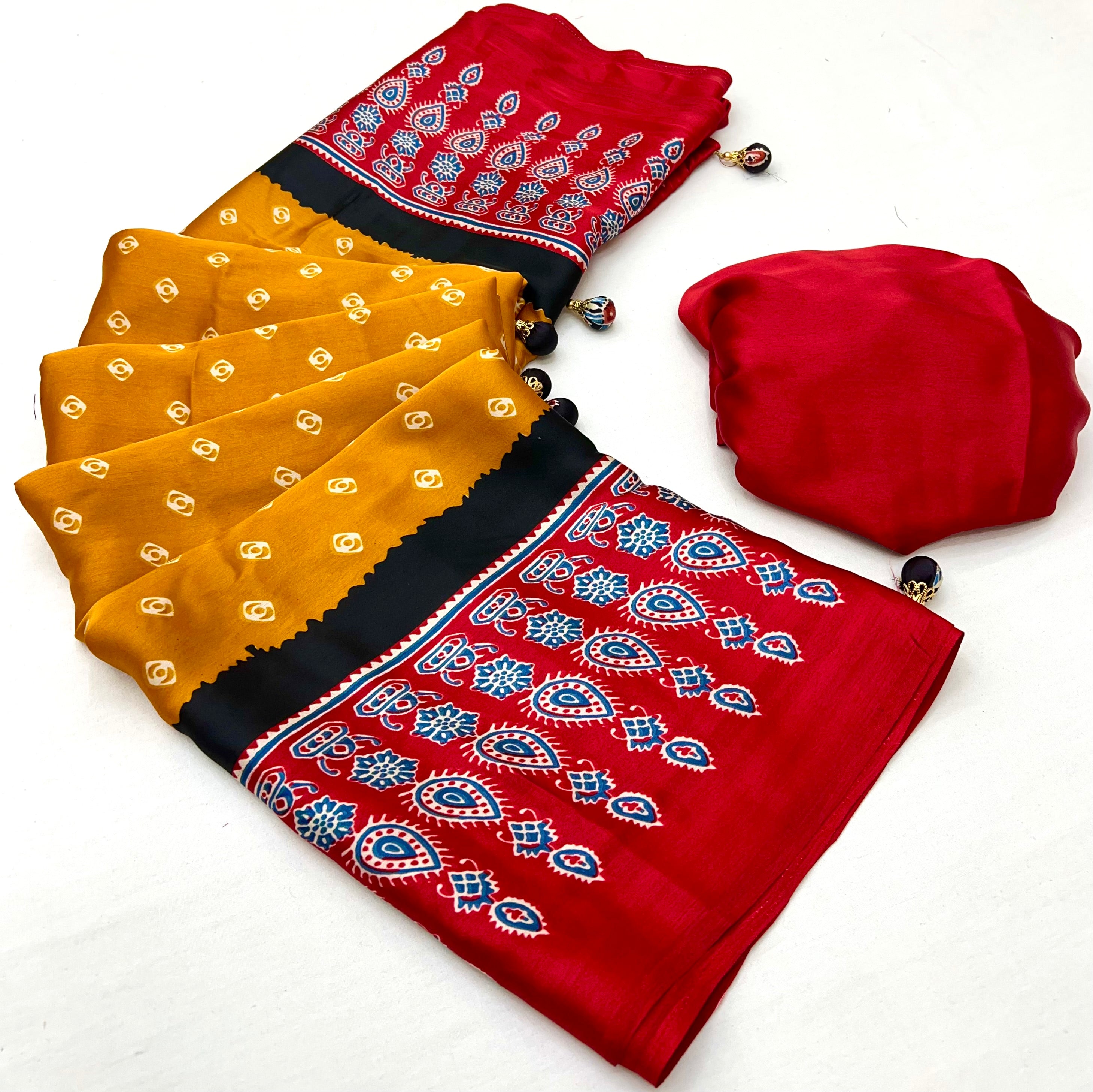 Modal Ajrakh Print (Yellow) Ready To Wear Pocket Saree