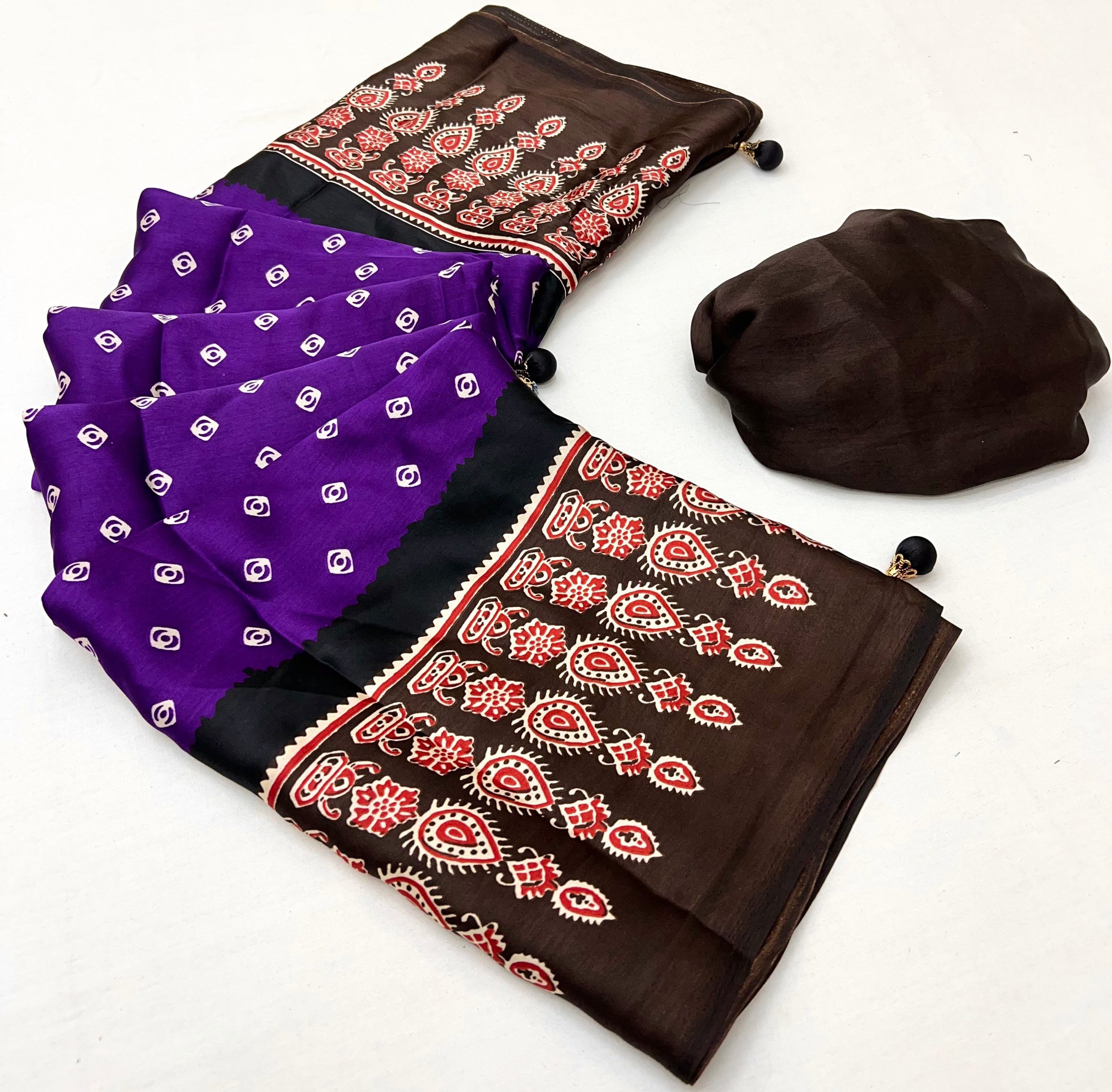 Modal Ajrakh Print (Brown) Ready To Wear Pocket Saree