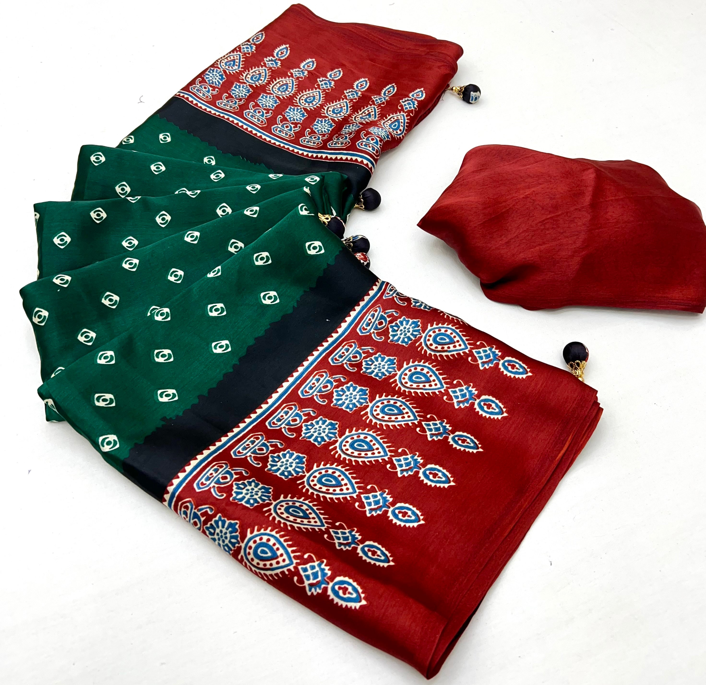 Modal Ajrakh Print (Green) Ready To Wear Pocket Saree