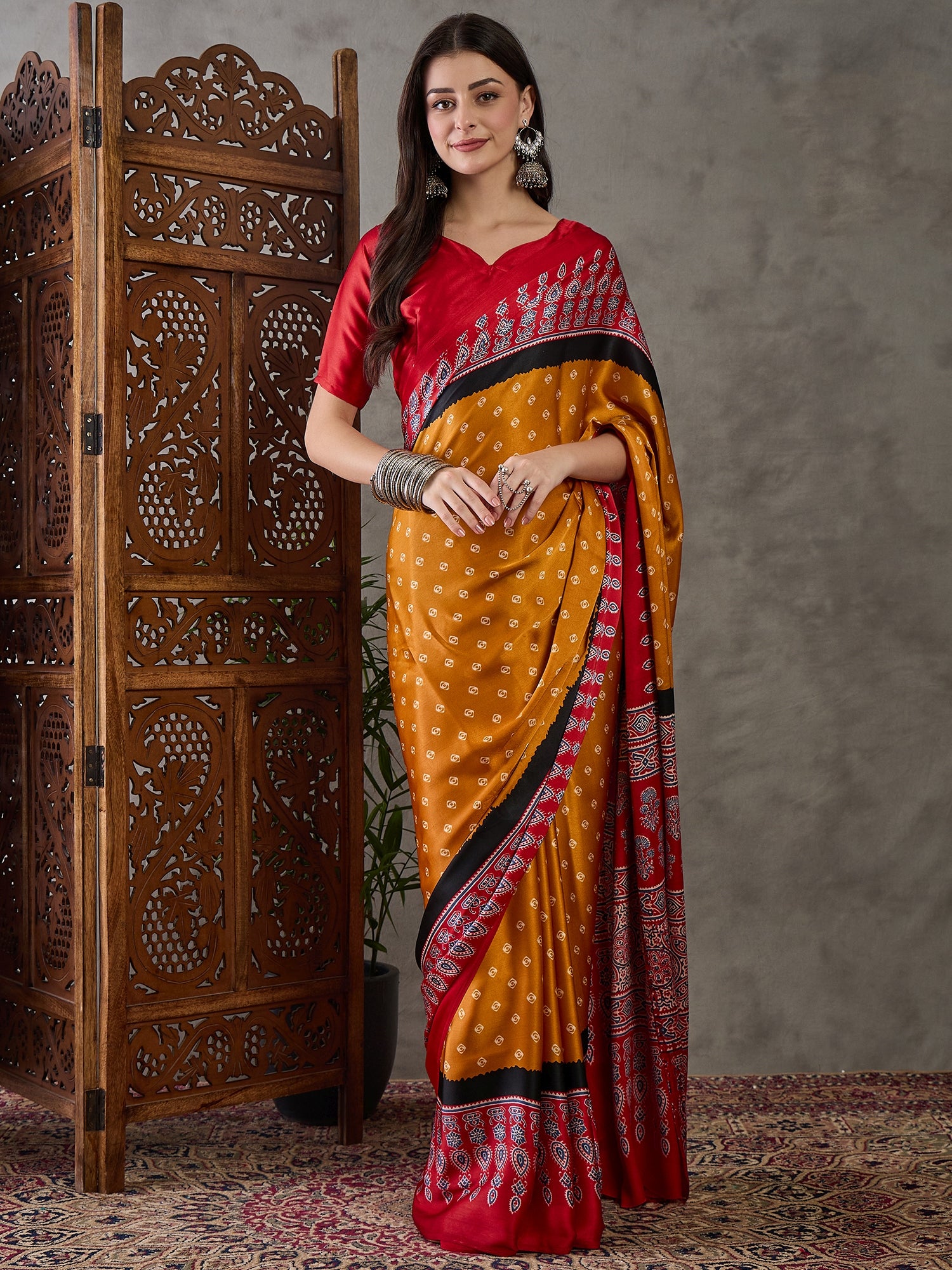 Modal Ajrakh Print (Yellow) Ready To Wear Pocket Saree