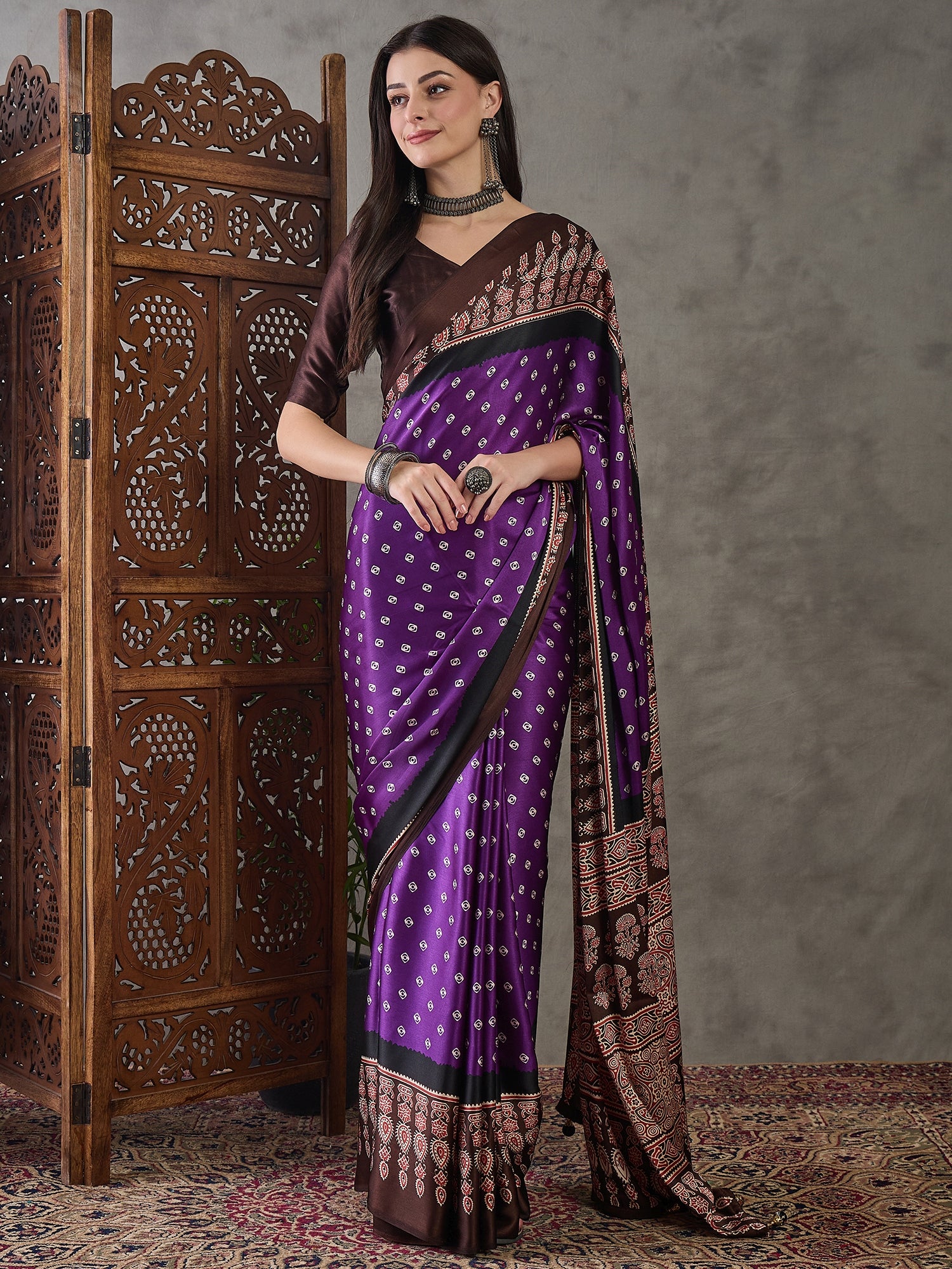 Modal Ajrakh Print (Brown) Ready To Wear Pocket Saree