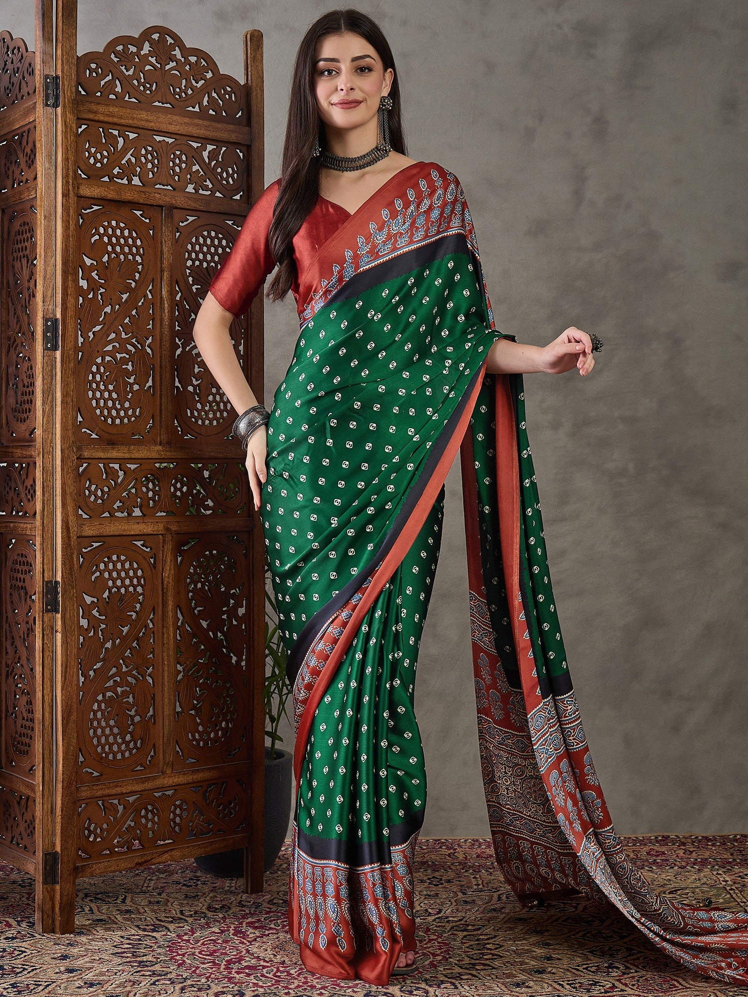 Modal Ajrakh Print (Green) Ready To Wear Pocket Saree