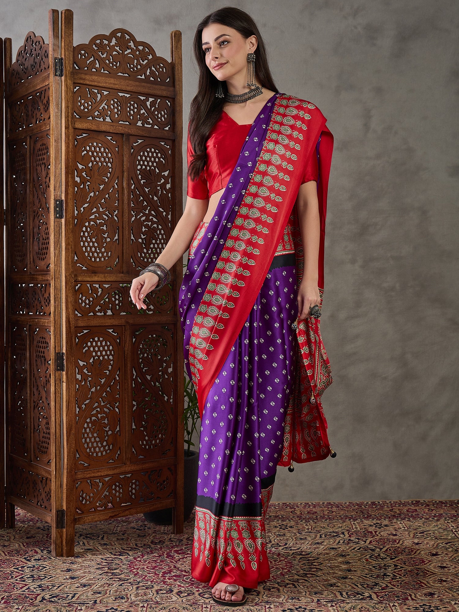 Modal Ajrakh Print (Purple) Ready To Wear Pocket Saree