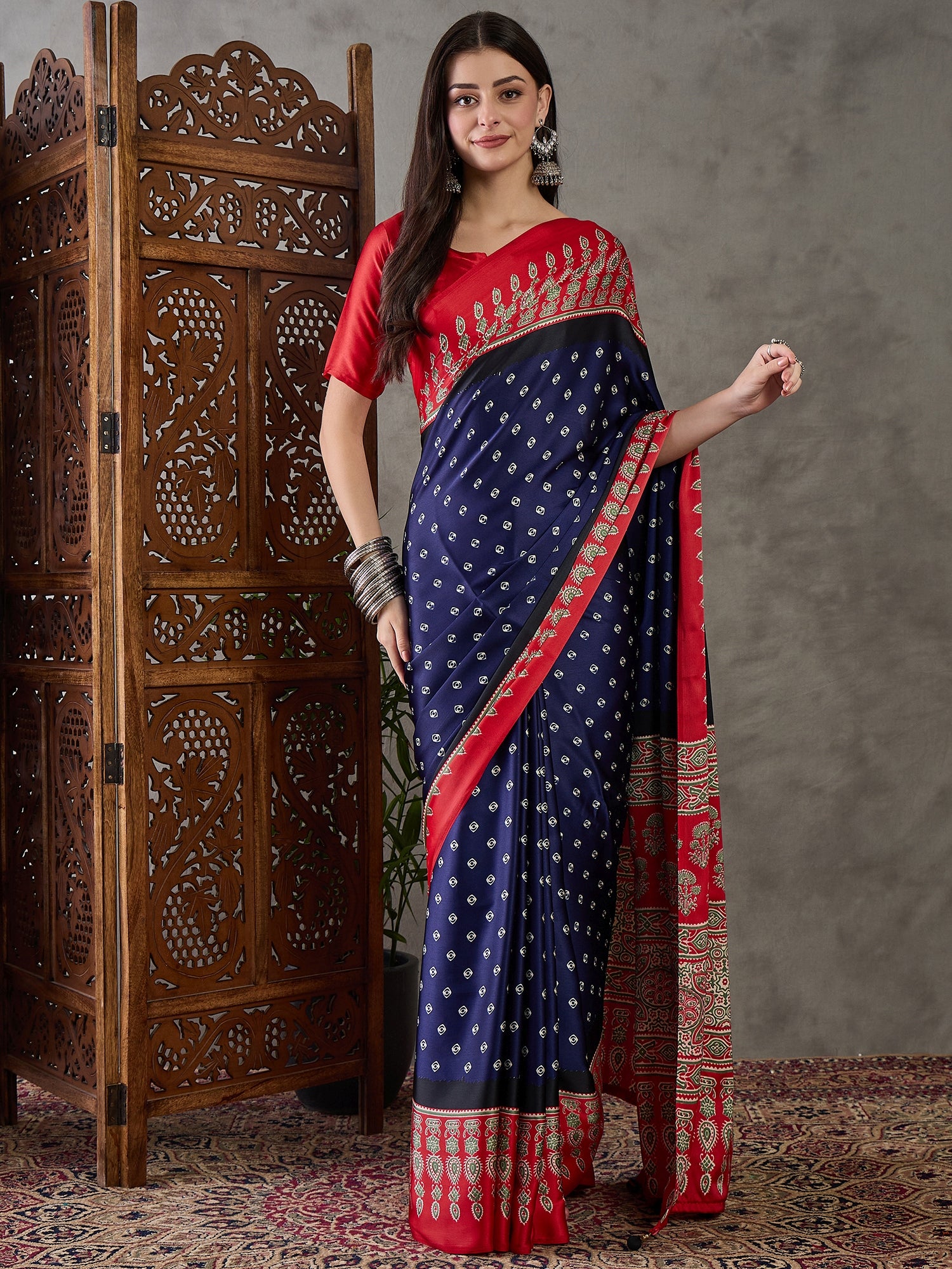 Modal Ajrakh Print (Blue) Ready To Wear Pocket Saree