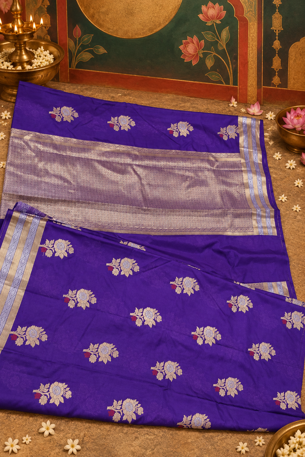 Flat-lay detail view of a rich royal purple Katan silk saree showcasing cream-and-gold floral bootis, a silver woven pallu section, and fine geometric border stripes.