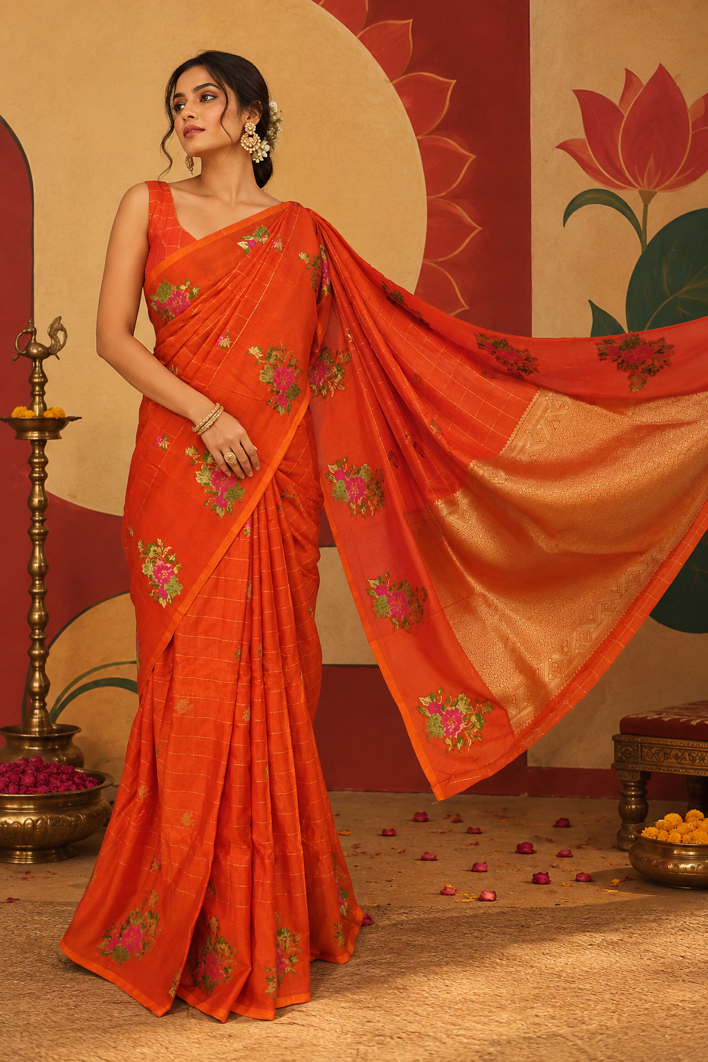 Full-length portrait of a model wearing a vibrant orange viscose silk ready-to-wear pocket saree, showcasing pre-stitched pleats, pink floral bootas, gold check lines, and a contrasting rich gold pallu.