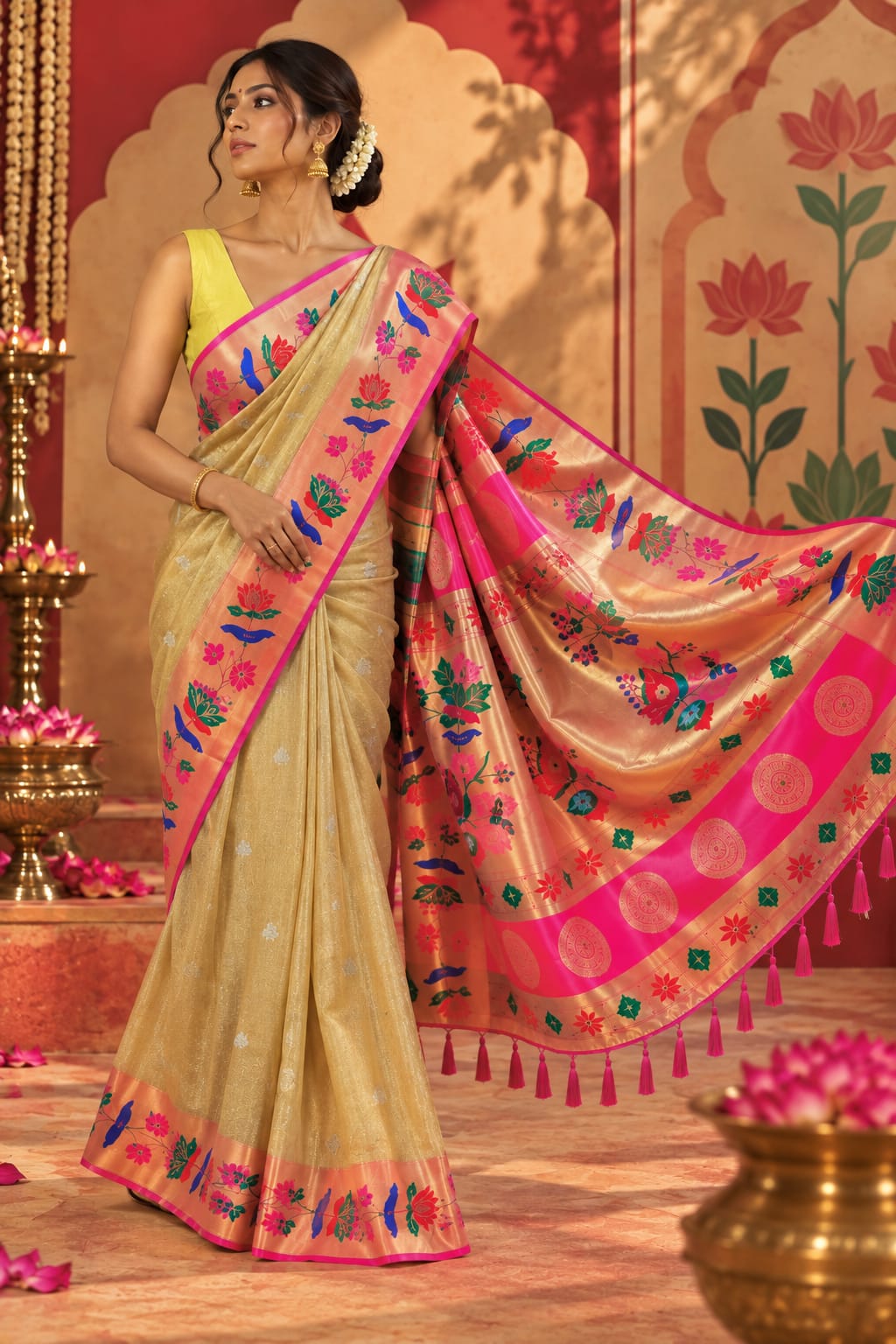 Full-length portrait of a model in a soft golden-beige Paithani tissue silk ready-to-wear pocket saree, displaying pre-stitched pleats, bright pink borders with colorful floral and bird motifs, and an elaborate open pallu finished with bright pink tassels.