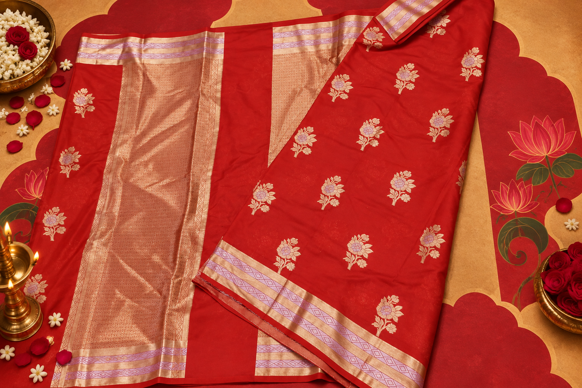 Flat-lay detail view of a rich red Katan silk saree showcasing spaced silver floral bootis, a wide metallic pallu, and layered geometric borders.