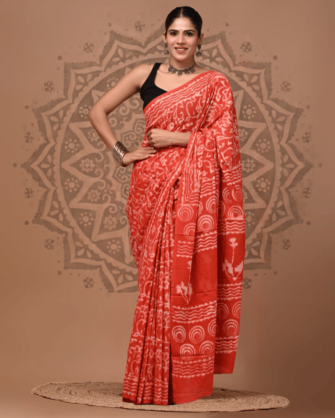 Front shot of the folk rhythm mul cotton ready to wear pocket saree.