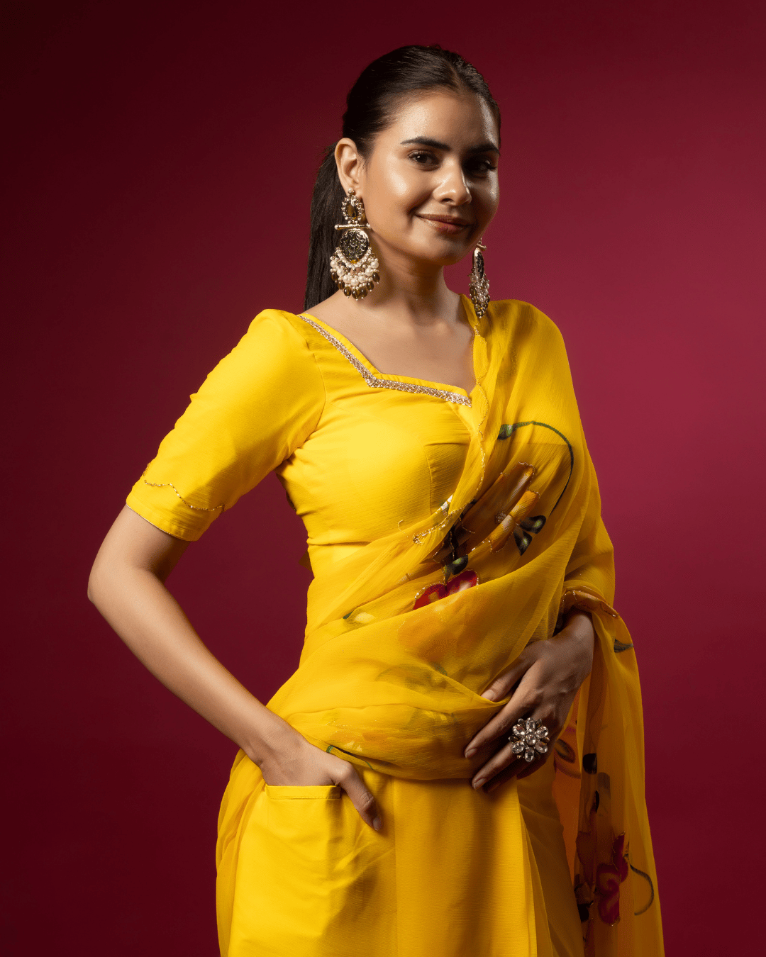 Fresh floral grace chiffon ready to wear pocket saree featuring floral vines, highlighting the pocket.