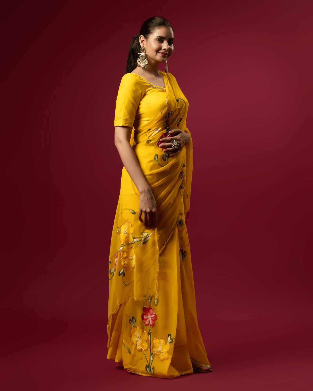 Side shot of the fresh floral grace chiffon ready to wear pocket saree featuring floral vines.