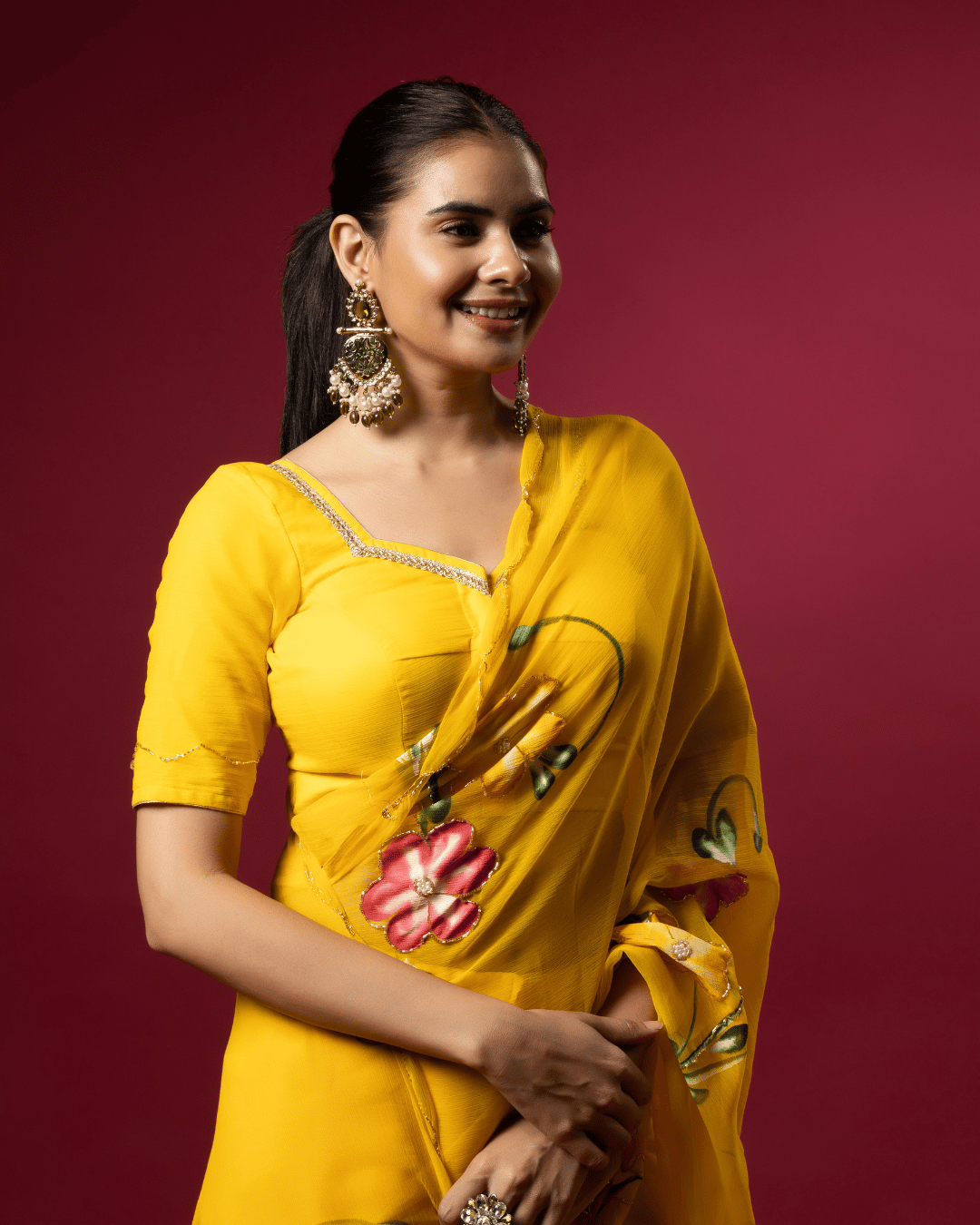 Close up shot of the fresh floral grace chiffon ready to wear pocket saree featuring floral vines.