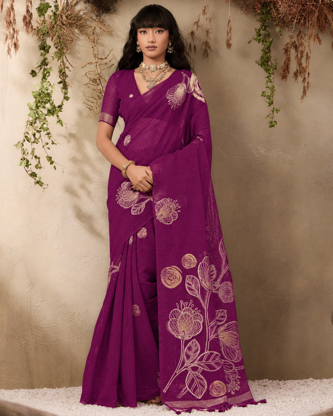 Full-length portrait of the model standing against a textured neutral backdrop framed with dried foliage, displaying the pre-draped purple saree with scattered circular gold body motifs and a statement open pallu featuring large rose and leaf artwork.