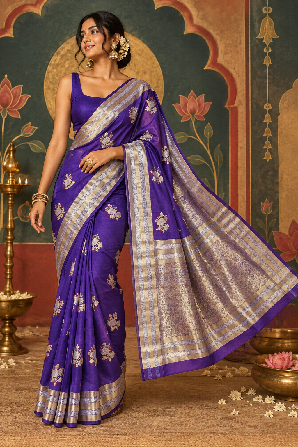 Full-length portrait of a model in a deep royal purple Katan silk ready-to-wear pocket saree, featuring pre-stitched pleats, scattered silver-gold floral bootis, and a silver zari woven pallu.