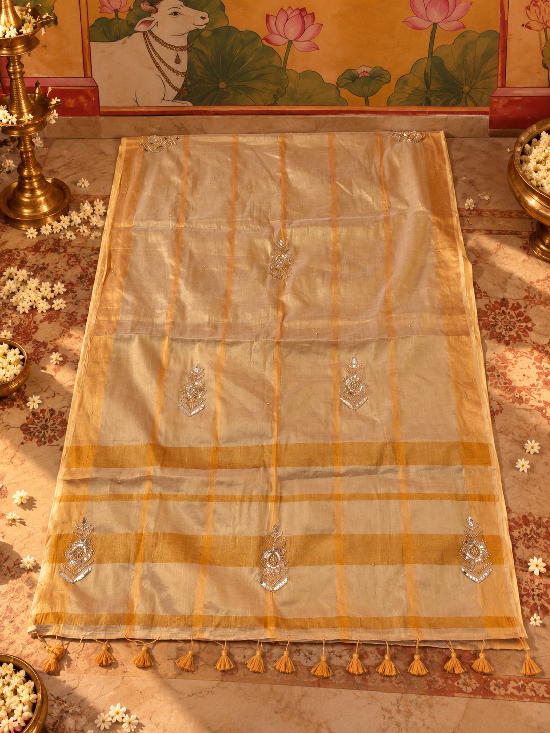 Flat-lay detail view of a soft silk tissue ready-to-wear pocket saree in a warm golden-beige tone, featuring silver ornamental bootis, horizontal golden tissue bands, and golden tassels.