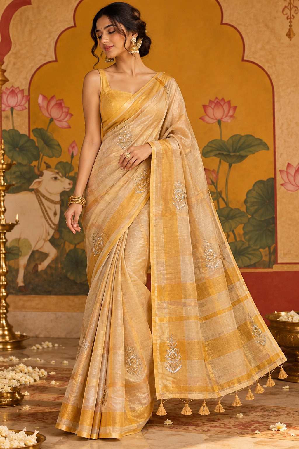 Full-length portrait of a model wearing a warm golden-beige soft silk tissue ready-to-wear pocket saree, showcasing pre-stitched pleats, silver bootis, horizontal gold tissue bands, and a tassel-finished pallu.