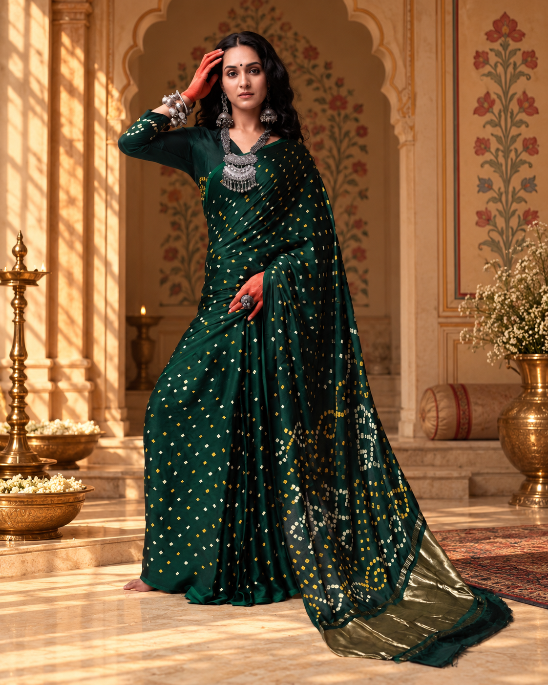 Deep green saree with scattered gold and silver square motifs, circular patterned pallu, gold metallic panel and dark green edging.