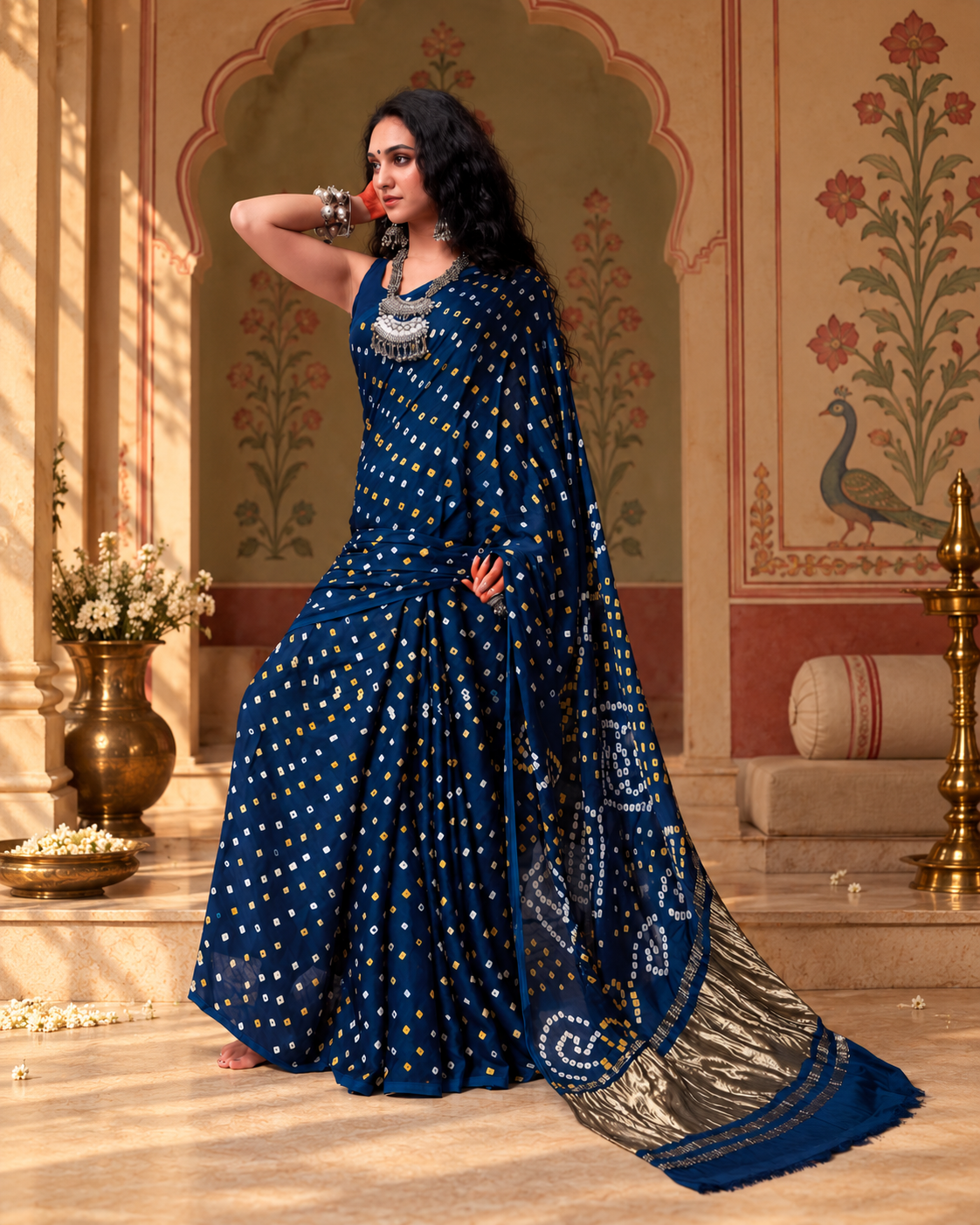Navy-blue ready to wear pocket saree with diagonal rows of gold and silver geometric motifs, circular detailing on the pallu, a textured metallic panel and a blue edge with narrow gold stripes.