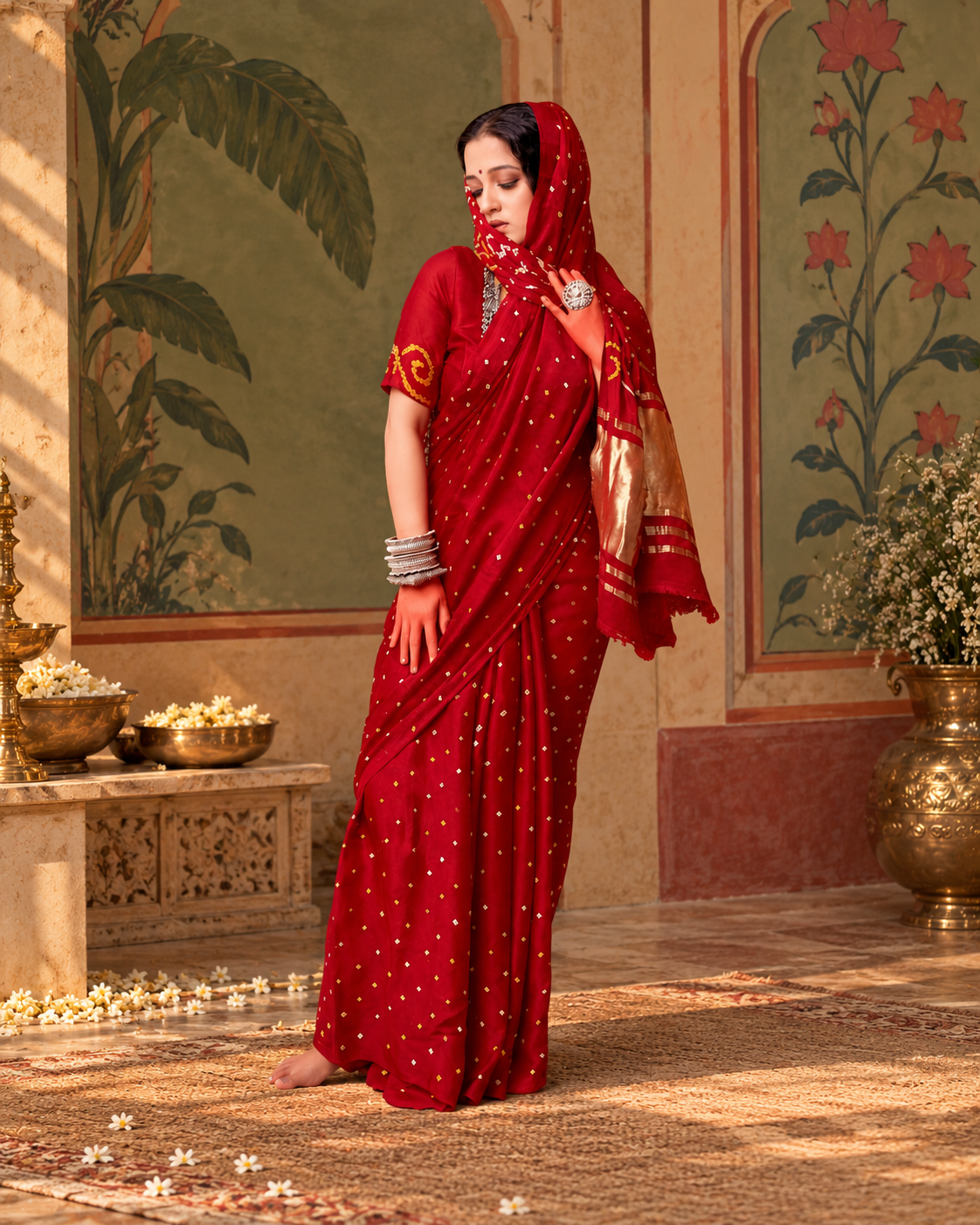 Deep red ready to wear pocket saree with evenly spaced gold-toned dots, a broad gold pallu, red end section and parallel gold bands near the edge.
