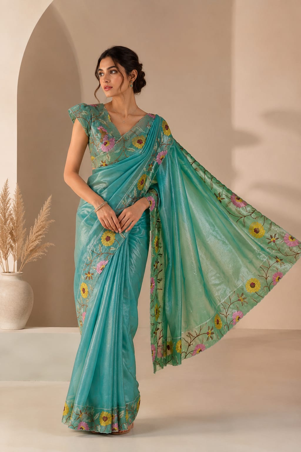 Full-length shot of a model wearing the Gulbahar Organza Silk ready-to-wear pocket saree in fresh aqua-turquoise, featuring branching floral vines with pink and yellow flowers.