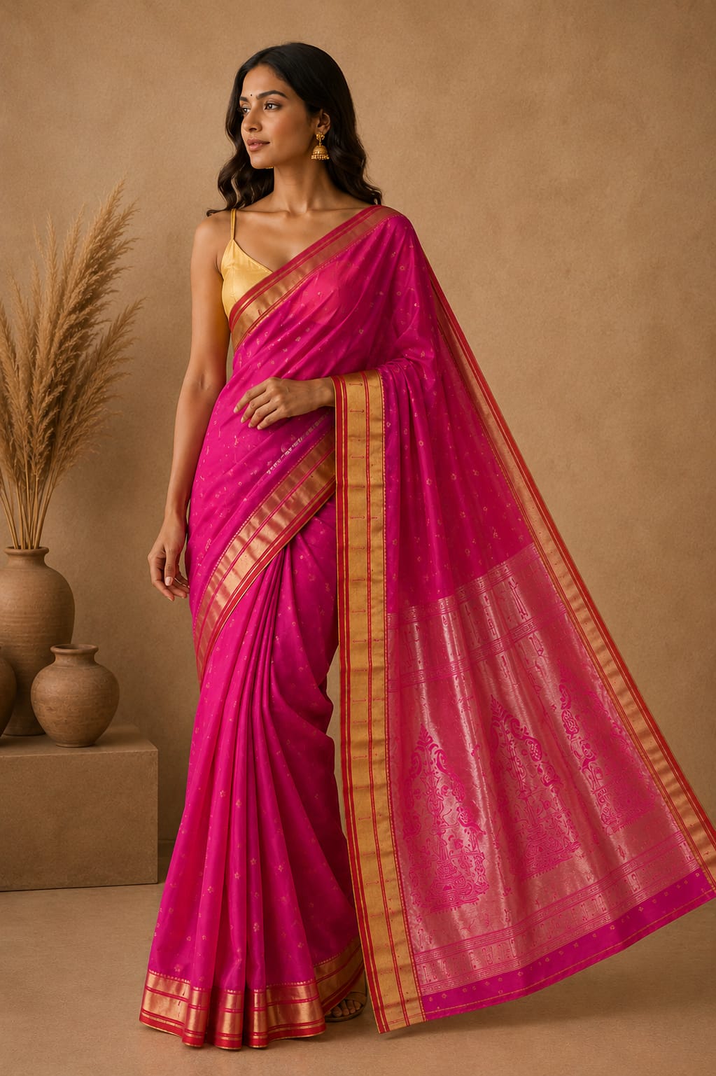 Full-length shot of a model wearing the Ruhani Paithani vivid pink Powerloom Silk ready-to-wear pocket saree, featuring small gold-toned motifs, a broad gold border, and a detailed peacock motif pallu.