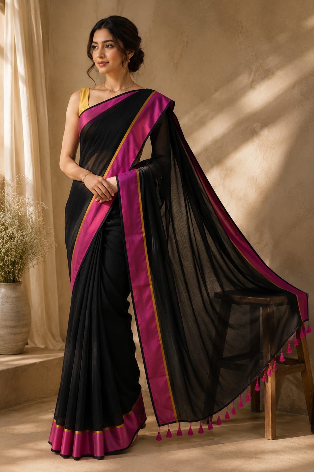 Full-length portrait of a model wearing the Bengal Mul Cotton ready-to-wear pocket saree in solid black, featuring a wide magenta border lined with golden-yellow accents and magenta tassels along the pallu edge.
