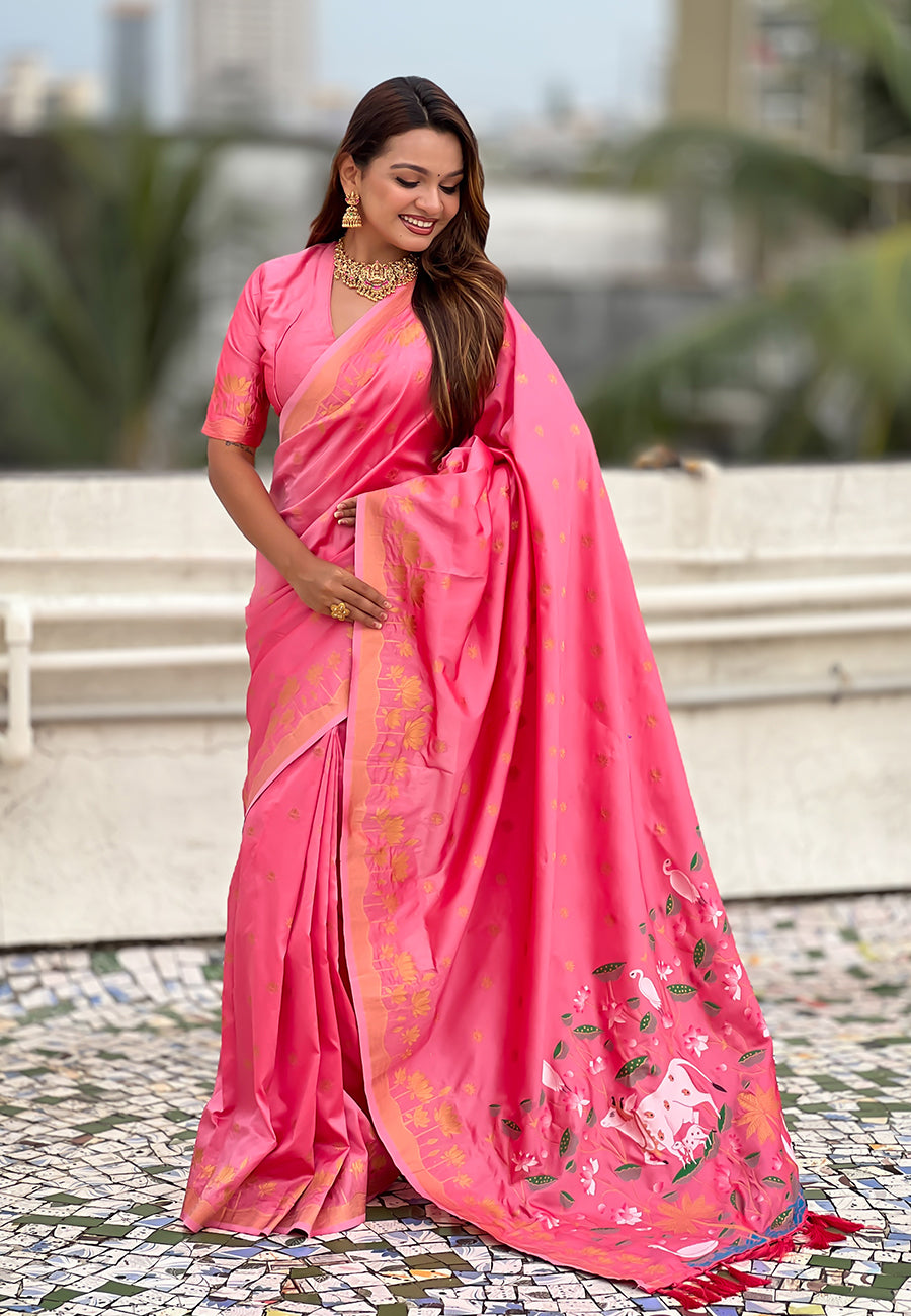 Mihira Powerloom Paithani Silk Ready To Wear Pocket Saree | Bright Rose Pink