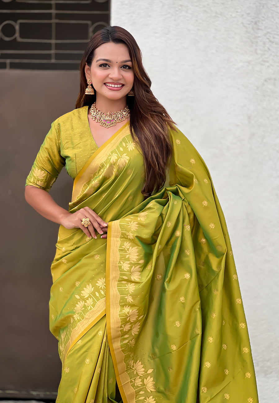 Mihira Powerloom Paithani Silk Ready To Wear Pocket Saree | Mehandi Green