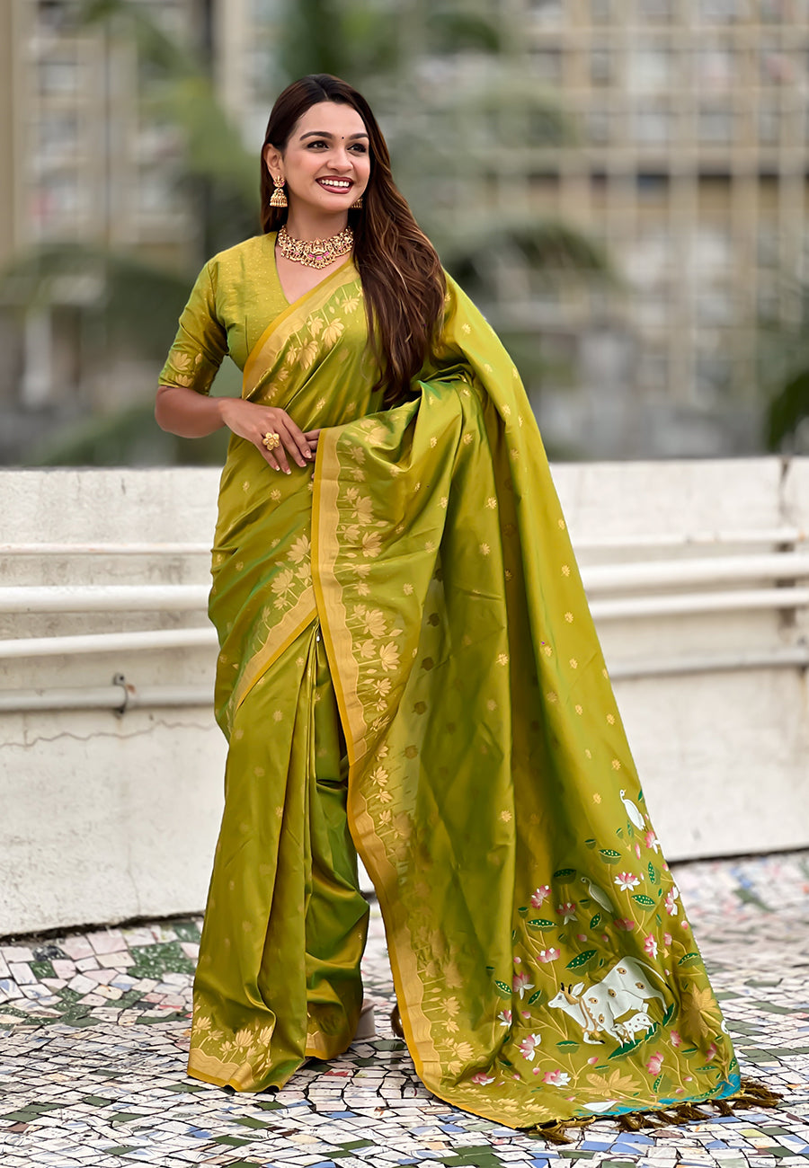 Mihira Powerloom Paithani Silk Ready To Wear Pocket Saree | Mehandi Green